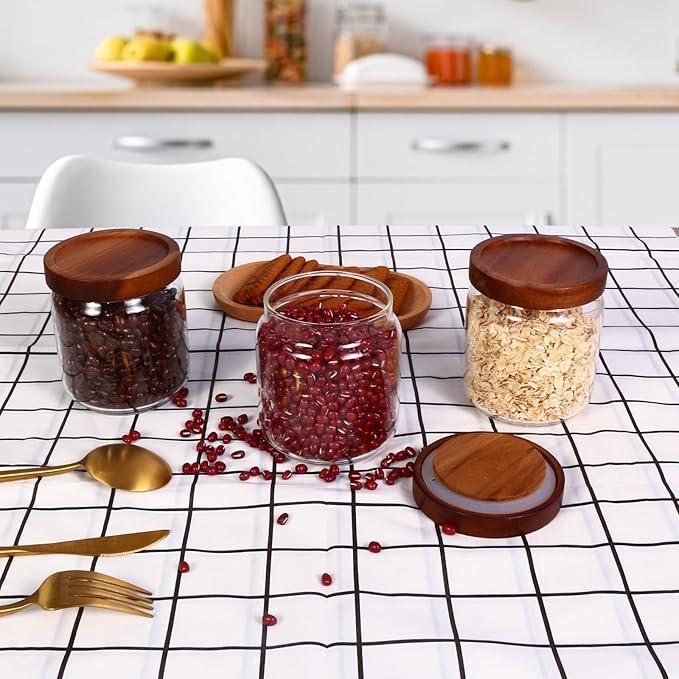 16oz Glass Airtight Food Storage Jars with Acacia Wood Lid - Kitchen Canisters for Coffee,Tea,Sugar,Spices,Herbs,and Candy - Airtight,Eco-Friendly, and Stylish for Pantry or Countertop (9PCS)