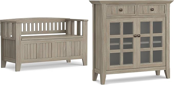 SIMPLIHOME Acadian Solid Wood 48 inch Wide Storage Bench that Seats 2 and 36 inch Wide Storage Cabinet in Distressed Grey for the Living Room, Entryway, and Family Room, Transitional Style