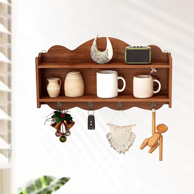 Kitchen Shelves Double-Layer Rack with Hooks Multi-use Practical Ornaments Display Stand Antique Shelf for Bedroom Entryway, Brown