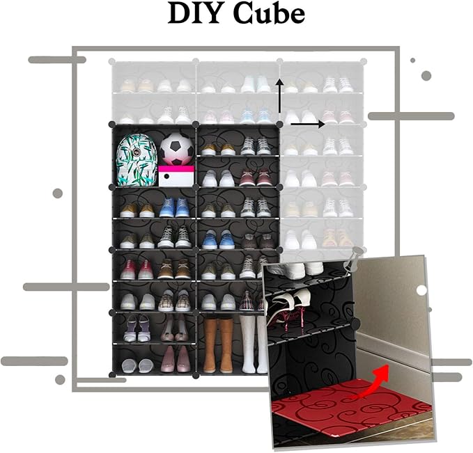 Jomifin Shoe Rack Storage Cabinet with Doors, Key Holder, Portable Shoe Organizer, Expandable Standing Rack, Holds 32-64 Pairs Shoes Boots Slippers for Closet Hallway Entryway Bedroom, 2x8 Tier, Black