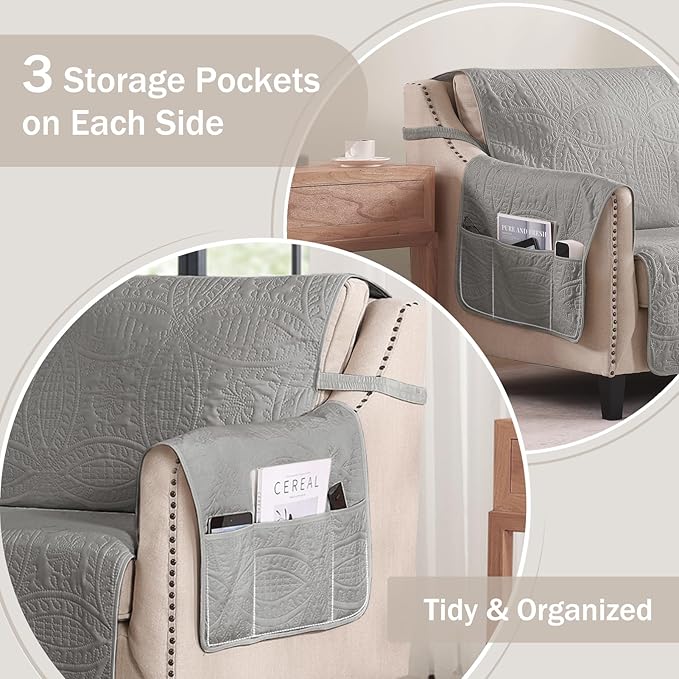 Soft Quilted Couch Cover with Pockets for Extra-Large Sofa, Anti-Slip Sofa Covers Washable for 3 Cushion Pet Friendly, Oversized Sofa Cover Water-Repellent (X-Large Sofa 78", Cool Gray)