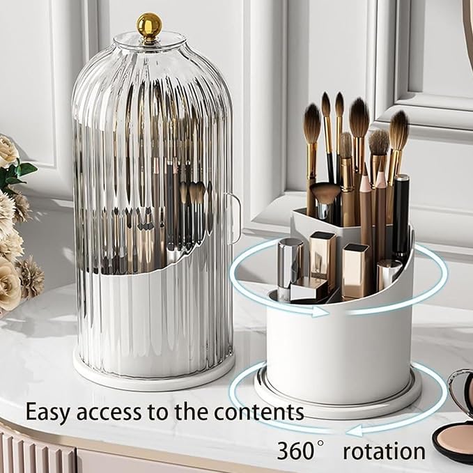 Sliding Lid Toothbrush Organizer, Rotating Toothbrush Holder, Rotating 3 Slots Bathroom Organizer Countertop, Makeup Brush Organizer Caddy for Vanity (White)