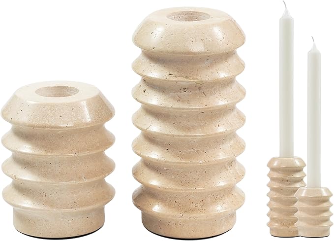 Travertine Marble Candlestick Holders - Set of 2 Stone Candle Sticks Holder Decor, Decorative Modern Candle Stands for Taper Candles