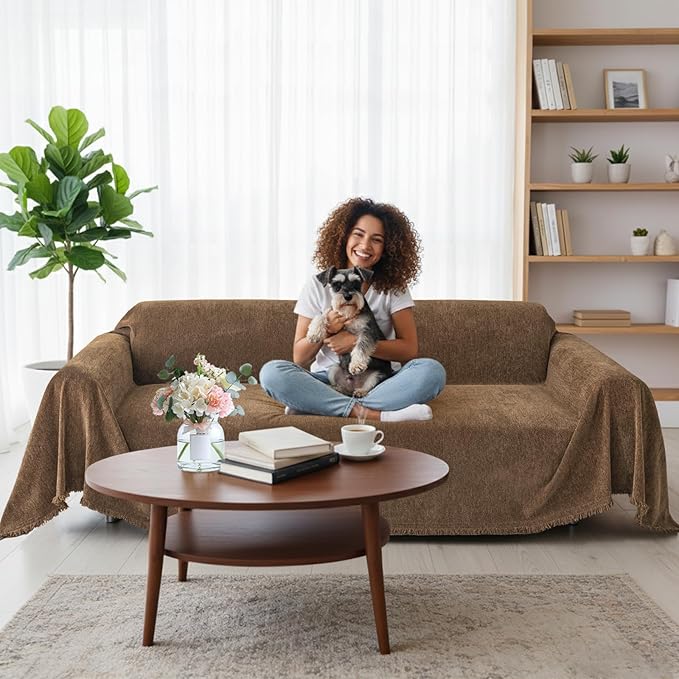 Smiry Couch Cover for Dogs, Washable Chenille Sofa Covers for 3 Cushion Couch, Soft Sofa Slipcover for Pets, Thick Sectional Furniture Protector with Tassels (Chocolate, 71x102 Inch)