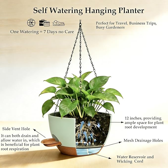 12 Inch Self Watering Hanging Planters 2 Pack, Indoor Outdoor Hanging Pots for Plants with Drainage Holes & Saucers, Green Brown Plastic Hanging Baskets for Kitchen Balcony Garden