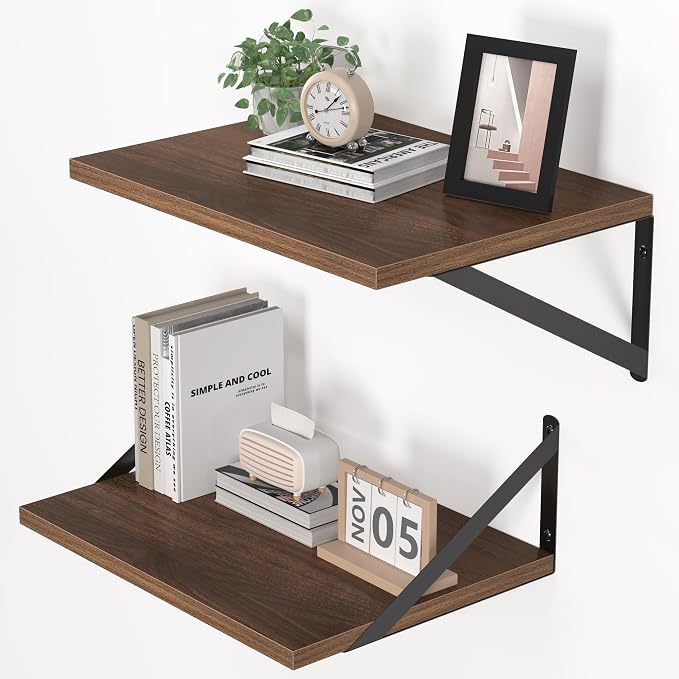 Heimlove 12 Inch Deep Floating Shelves for Wall, 16W x 12D Wood Wall Shelves Set of 2, Walnut Wide Floating Bookshelf for Living Room, Kitchen, Office, Bedroom, with Black Metal Bracke - Walnut