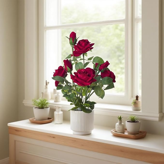 Artificial Rose Plant with Ceramic Vase,Home Decor Potted Floral Arrangement,Silk Roses Artificial Flowers (Red)
