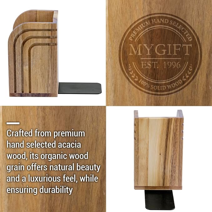 MyGift Premium Acacia Solid Wood Bookends and Pencil Holders with Modern Etched Arch Design, Office Desk Book Ends with Natural Wooden Art Deco Pen Cups, 1 Pair