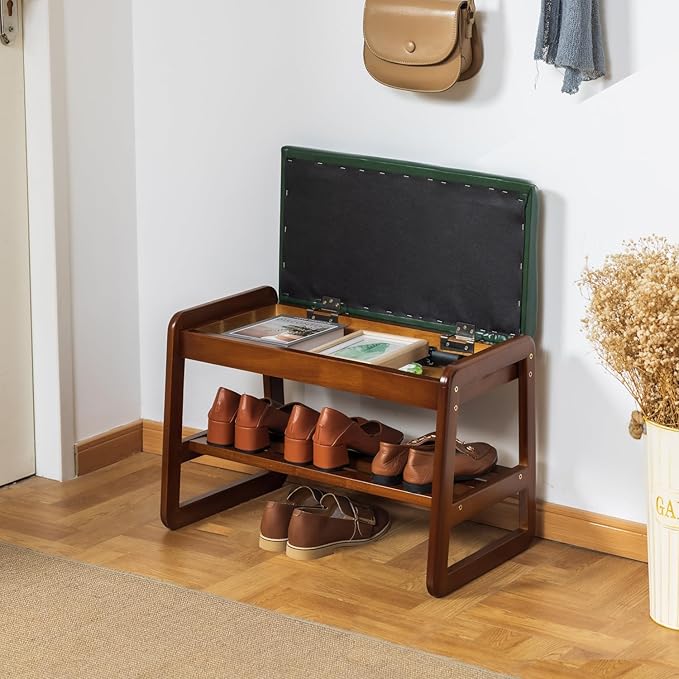 Shoe Bench with Storage - 2-Tier Entryway Bench, Solid Wood Shoe Rack with Cushion & Flip-Open Box, Mid-Century Modern for Hallway, Mudroom, Bedroom (Green, 21.65'')