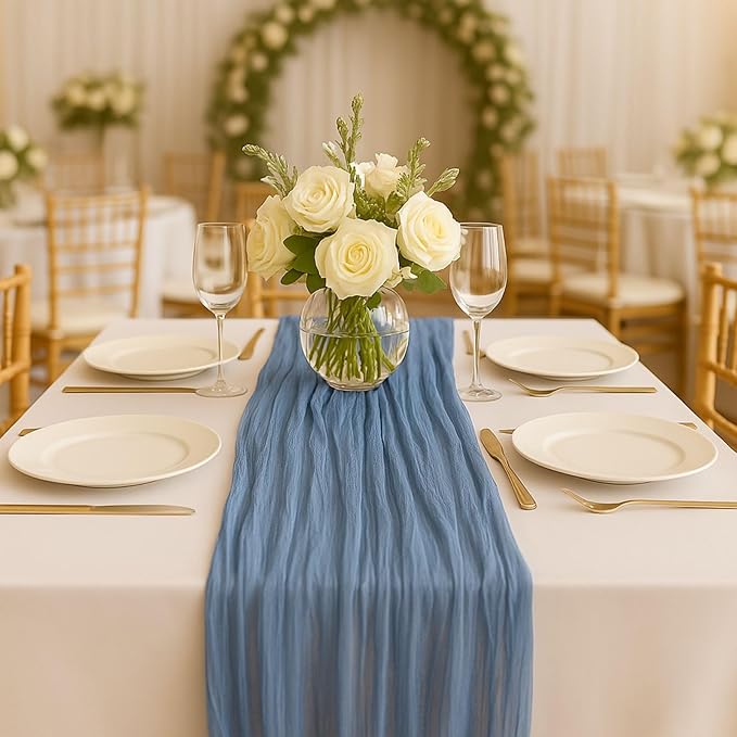 12 Pack Dusty Blue Cheesecloth Table Runner – 10FT Gauze Boho Table Runners for Wedding, Baby Shower, French Blue Bridal Party, Rustic Vintage Event Decor