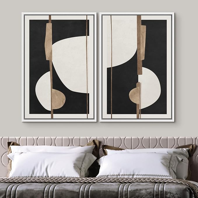 SIGNWIN Framed Canvas Print Wall Art Set Geometric Mid-Century Gold White Polygon Abstract Shapes Illustrations Art Decorative Contemporary for Living Room, Bedroom, Office - 16"x24"x2 White