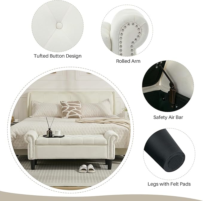 SOFTHION Storage Bench, 50" Queen End of Bed Bench, Velvet Tufted Button Upholstered Bedroom Bench, Storage Ottoman with Rolled Arms, Window Bench with Storage, for Living Room, Entryway Beige