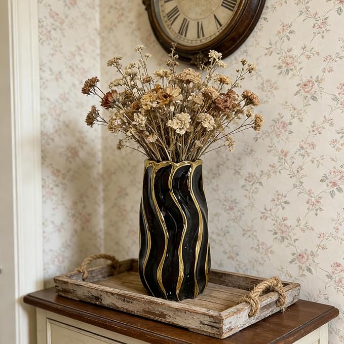 Black Ceramic Vase for Home Decor, Vertical Stripe Decorative Flower Vase for Bedroom, Office, Living Room, Bathroom, Tabletop Decor