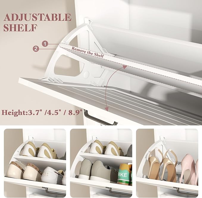 Narrow Shoe Storage Cabinet with 3 Flip Drawers, Doors & Adjustable Shelves, Slim Shoe Rack Cabinet for Entryway Closet, Deodorizing Wooden Boot Storage Organizer Freestanding Hidden, White