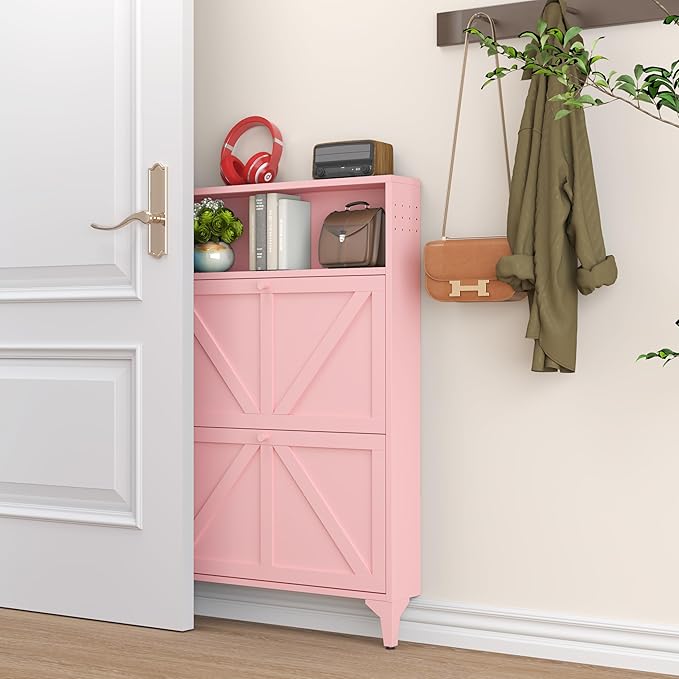Slim Shoe Cabinet for Entryway with 2 Flip Drawers, Narrow Hidden Shoe Storage Cabinet, Farmhouse Shoe Drawer Organizer with Metal Legs for Front Door, Foyer, Corner (2 Door, Pink)
