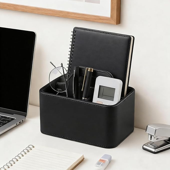 Caddy Organizer with Handle, PU Leather Remote Control Holder Desk Caddy, Portable Makeup Remote Organizer for Table, Nightstand, Office (Black)