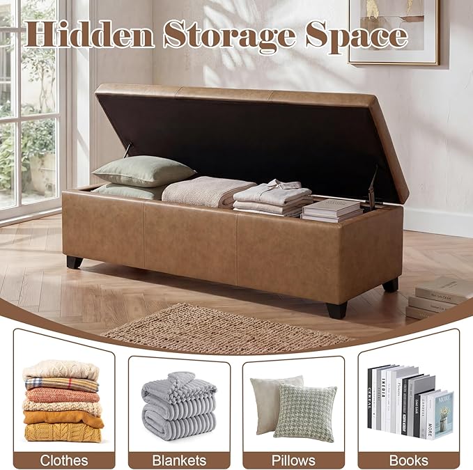 Homebeez 46" Faux Leather Storage Ottoman,End of Bed Bench,Upholstered Ottoman Bench with Storage for Living Room,Bedroom,Entryway