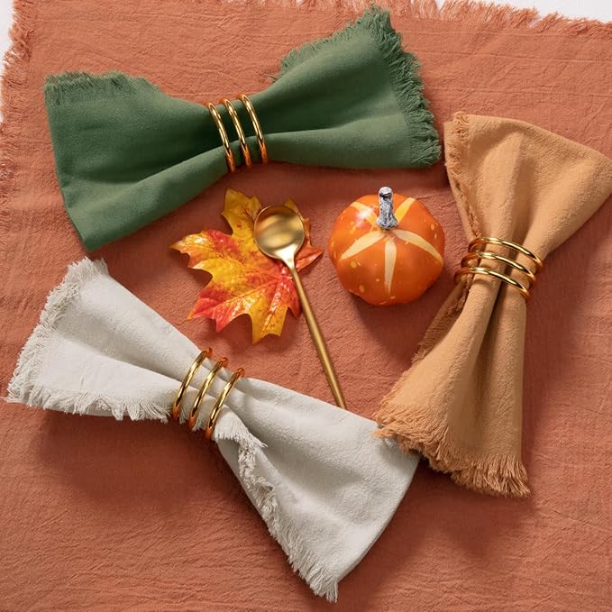 DeZerlor 12 Pack Thanksgiving Color Cotton Linen Napkins with Fringe Fall Napkins Cloth Set of 12 Boho Napkins Handmade Dinner Napkins Bulk for Wedding Thanksgiving Dining Table, 17 x 17