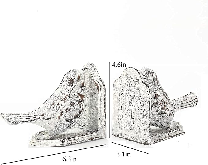 Jemeni Bird Book Ends for Shelves, Cast Iron Birds Book Ends for Shelves, Cute Bookends Decorative, Heavy Duty and Unique Decorative for Heavy Books, White Finish