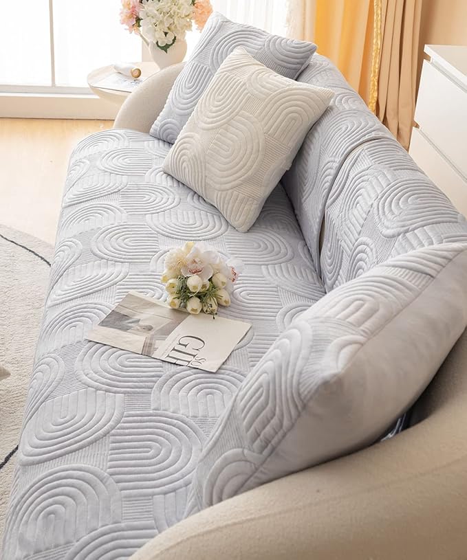 Soft Plush Geometric Quilted Couch Sofa Cover Boho Non Slip Fuzzy Sectional Couch Cover Solid Color Washable Sofa Slipcover Furniture Protector for Kids Dogs Cats (Gray,28"x28")