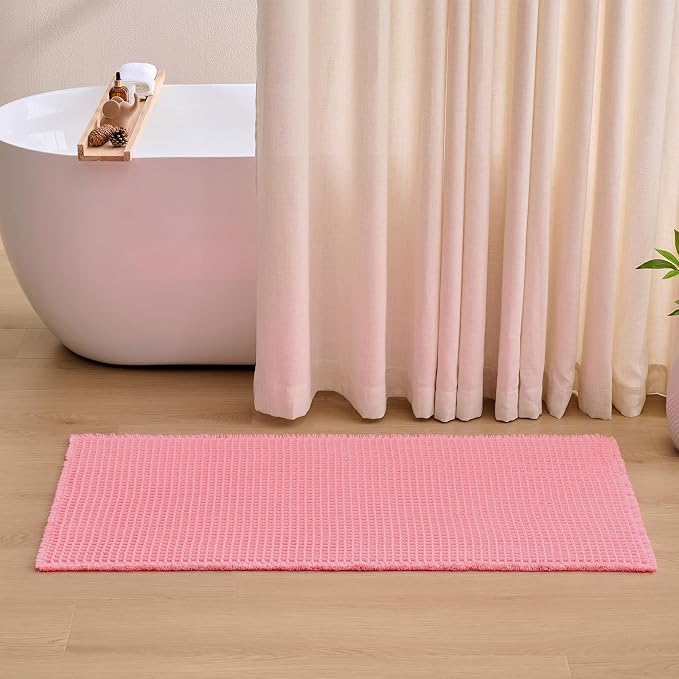 ILANGO Upgraded Waffle Bath Mat,Super Absorbent Boho Non Slip Bathroom Rugs Quick Dry,Ultra Soft Machine Washable Mats with Tassels for Floor,24x36,Pink