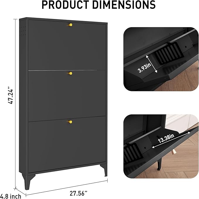 Slim Shoe Cabinet with 3 Flip Drawers,Narrow Shoe Cabinet,Freestanding Organizer,Metal Hidden Shoe Storage for Entryway,Hallway,Living Room(Width 27.56, Black)
