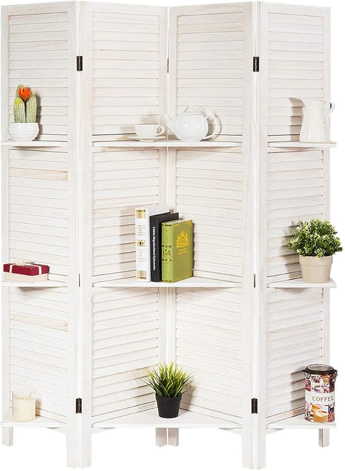 Giantex 4 Panel Room Divider with Shelve, Folding Privacy Screens, Wood Divider for Room Separation, 5.6 FT Foldable Wall Partition for Home Office Bedroom, White