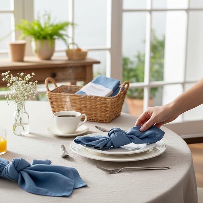 Linen Napkins –100% French Flax – Stonewashed Pure Linen Cloth Napkins - Size 18 Inch x 18 Inch – Set of 4 (Dusty Pastel Blue)