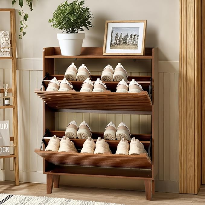 Shoe Cabinet 31.5''W Shoe Storage Cabinet with Louvered 2 Flip Drawers, Narrow Shoe Cabinet for Entryway, Freestanding Shoe Organizer Cabinet Slim Shoe Rack Cabinet