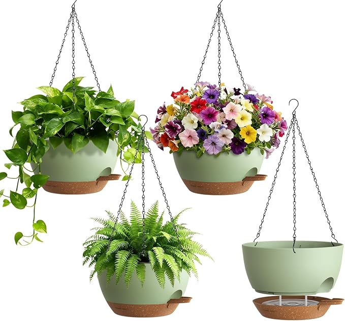UOUZ 4 Pack 8 Inch Self Watering Hanging Planters for Indoor Outdoor Plants，Hanging Pots for Plants with Drainage Removable Tray, Hanging Baskets Flower Pots for Pothos Spider Garden Green with Brown
