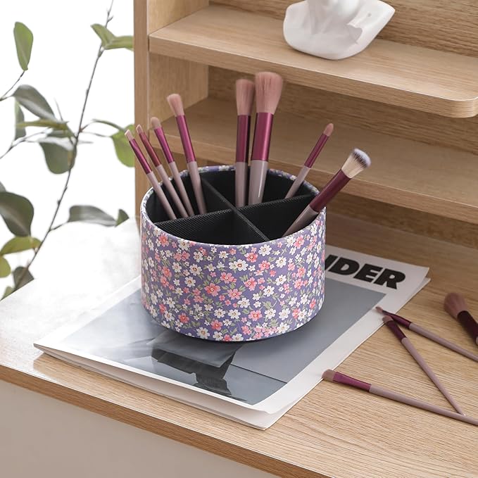 360 Degree Rotating Remote Holder for Table, Spinning Desk Organizer, Desk Caddy Pen Cup for Nightstand, Coffee Table, Office, 4 Compartment Stationary Remote Basket, Small Flowers PH129