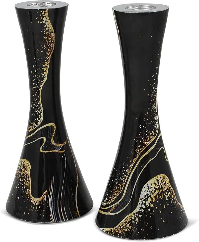 Zion Judaica Marble Decal Candle Holder Set of 2 - Black & Gold Marbleized Candlesticks 6.75" Hourglass Shape Fits 7/8" Thick Tapered/Shabbat Candles Bat Mitzvah Gift for Jewish Wedding (Black Burst)