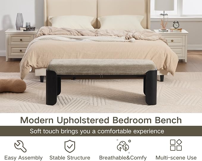 Shunzhi Modern Upholstered Entryway Bench for Bedroom 49” End of Bed Bench with Black Wood Leg Window Ottoman Bench for Living Room/Bedroom/Hallway/Indoor, Green Chenille