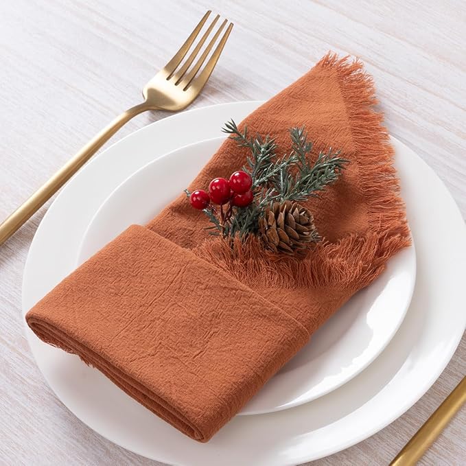 DeZerlor 6 Pack Terracotta Cotton Linen Napkins with Fringe Summer Cloth Napkins Set of 6 Boho Handmade Dinner Napkins Bulk for Wedding Bridal Baby Shower Parties, 17 x 17 Inches