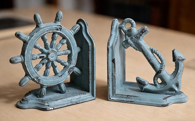 Anchor Bookends Decorative, Anchor and Nautical Ship Wheel Bookends Set,Heavy Duty Cast Iron Book Holder, Book Ends for Shelves Living Room Home Office, Antique Blue, 1 Pair/2Pieces (Antique Blue)