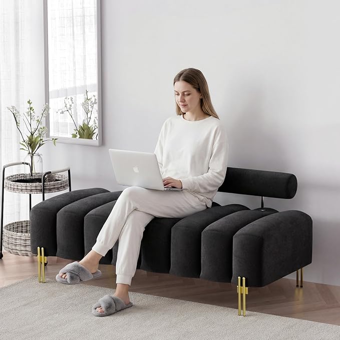 Modern Bench for Bedroom, 52.2" Channel Tufted End of Bed Bench, Ottoman Bench Small Window Entryway Footrest Padded Bench with Adjustable Back for Living Room, Black, Velvet