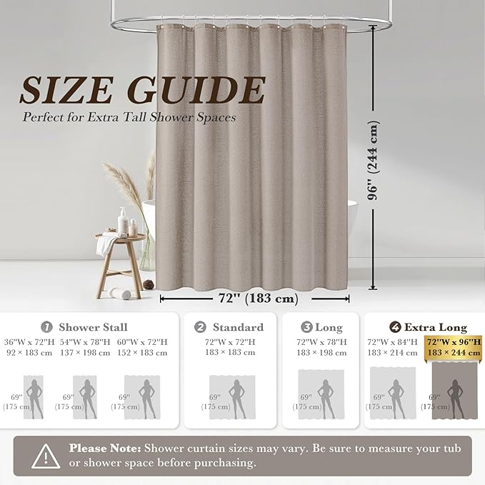 Seasonwood Extra Long Linen Shower Curtain Neutral Farmhouse Linen Shower Curtains for Bathroom Boho Bathroom Decor with 12 Sturdy Stainless Steel Sliding Hangers(Taupe,72x96 Inches)