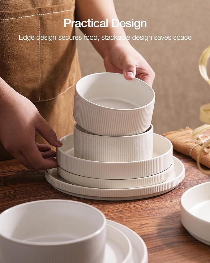 Famiware Star 8-Piece Stoneware Dinnerware Sets for 4 – 23 oz Shallow Pasta Bowls and 10.5" Flat Dinner Plates, High Edge Dishes, Chip & Scratch Resistant, Microwave & Dishwasher Safe, Matte White