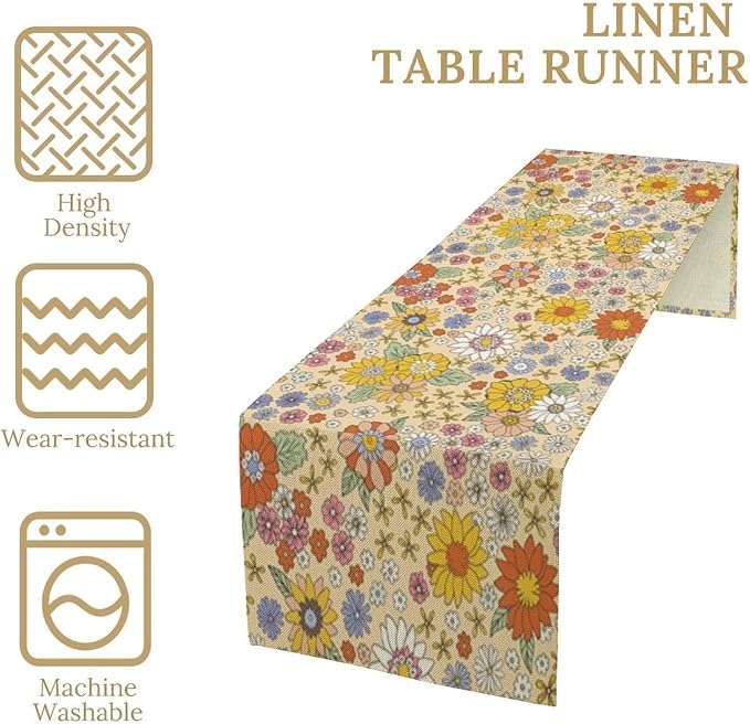 Retro Floral Table Runner Boho 70s Style Vintage Flower Hippie Groovy Abstract Pattern Dinner Runner for Home Kitchen Dining Table Party Decor 13"x90"