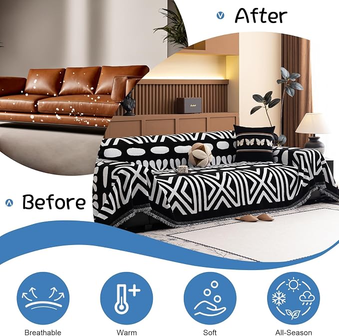 VClife Minimalism Tribal Couch Cover Non Slip White Black Geometric Jacquard Sofa Cover Washable Bohemian Style Aztec Couch Slipcover for Sectional Couch Chenille Furniture Protector 71''x134''