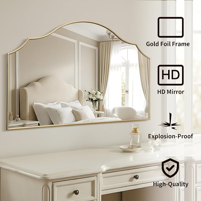 Besdomus Oversized Scalloped Gold Mirror: 54"x34" Modern Minimalist Wood Frame Wall Mirror - Decorative Fireplace Arched Mirrors for Bathroom/Entryway/Vanity/Living Room - Home Decor for Fashion Women