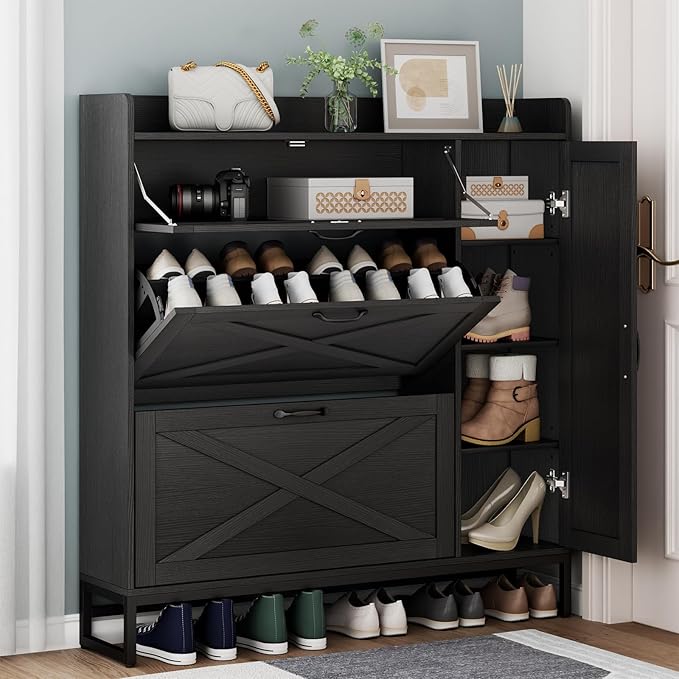Auromie Free Standing Shoe Organizer with 2 Flip Drawers and Side Cabinet, Entryway Narrow Shoe Storage with Door for Hallway and Living Room (Black Plus)
