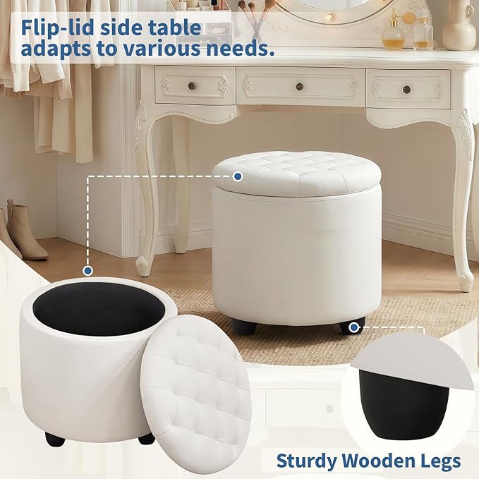 Furniliving Upholstered Button Tufted Round Ottoman, PU Storage Ottoman Round, Removable Lid Convenient Footstools, Classic Ottoman with Storage for Vanity, Nursery Room，IvoryWhite