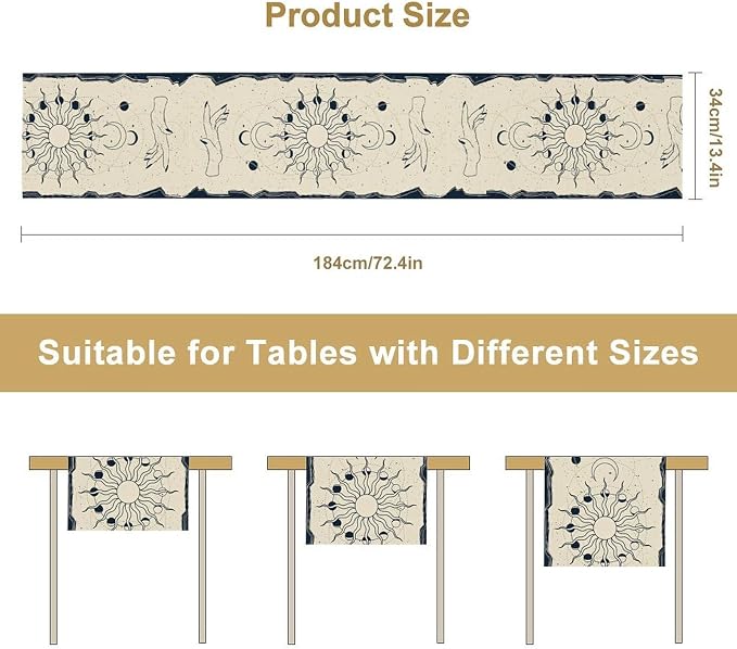 Mystic Sun Moon Table Runner, Boho Magic Tarot Gothic Witchy Hand Table Runner for Kitchen Dining Outdoor Indoor Party, 13x108 Inch