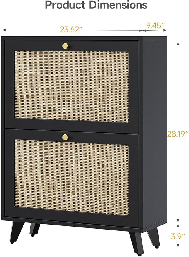 Angel Sar Rattan Shoe Cabinet, Slim Shoe Storage Cabinet for Entryway with 2 Flip Drawers, Adjustable Shelves, Golden Handles & Sturdy Metal Legs, Storage Organizer for Entryway, Hallway, Black