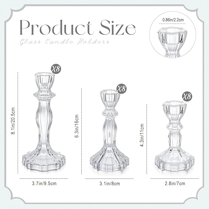 Mumufy 24 Pack Glass Taper Candle Holders Clear Candlestick Holder Fit 0.8 Inch Candles 4'' 6'' 8'' Tall Crystal Decorative Candlestick Stand Centerpiece for Table Wedding Dining Party (Classic)