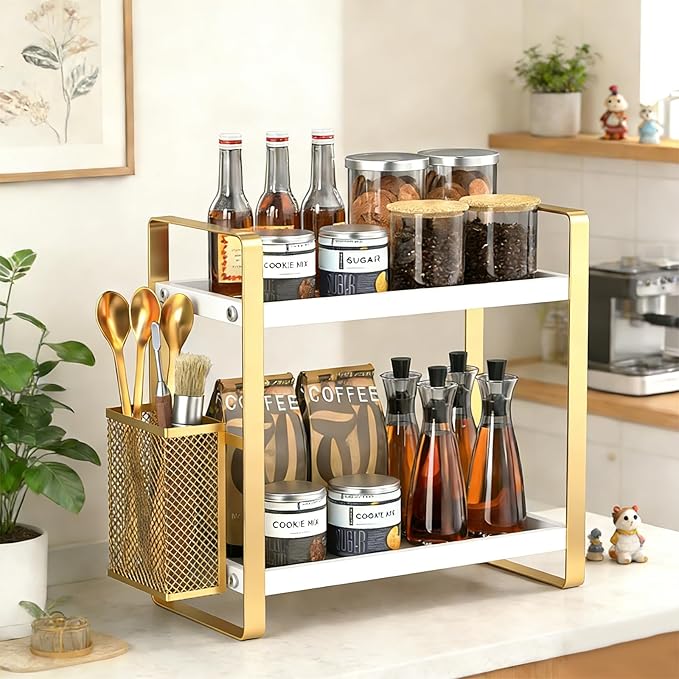 2-Tier Kitchen Storage and Organisation Rack with Side Baskets, Multifunctional Spice Rack Coffee Station Organizer for Kitchen, Coffee Bar, Bathroom, Office