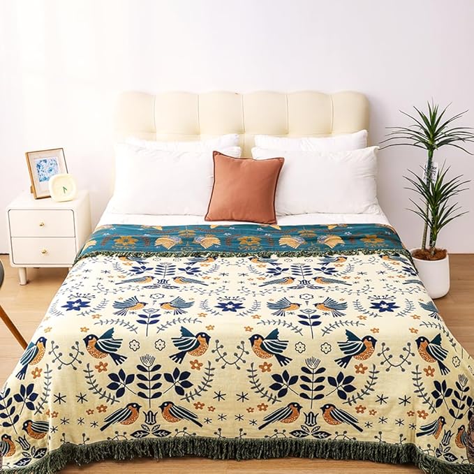 VANJOROY Boho Throw Blanket, 100% Organic Cotton Breathable Ultra Soft 50" x 60" Bed Quilt Throw - Floral Rustic Bird Farmhouse Decor Luxury Reversible Blanket for Sofa Couch Chair and Gift,Teal/Beige