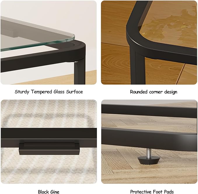 Glass Side Table Two Set, Rectangle 2PCS End Table with Metal Frame, Modern Bedside Table for Office, Bedroom, Living Room, Study,Small Spaces,Easy Assembly,15.75 * 11.81 * 20.87 Inches,Black,2PCS