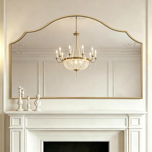 Besdomus Oversized Scalloped Gold Mirror: 54"x34" Modern Minimalist Wood Frame Wall Mirror - Decorative Fireplace Arched Mirrors for Bathroom/Entryway/Vanity/Living Room - Home Decor for Fashion Women